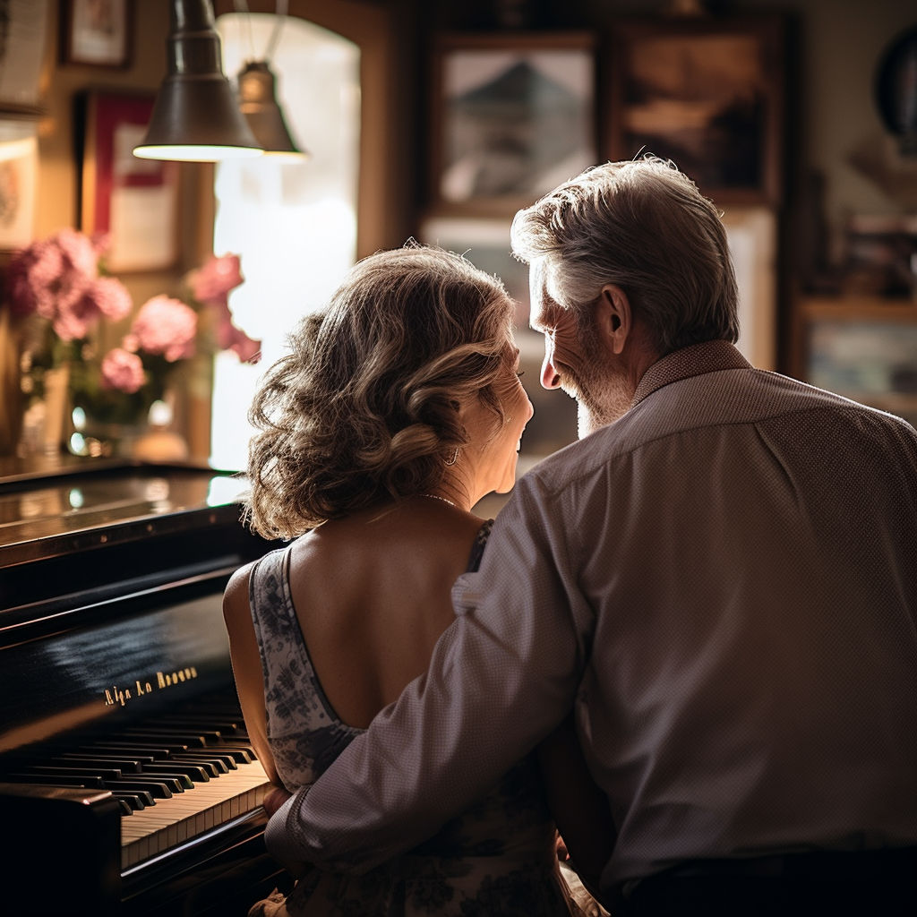 Joyful couple playing piano with music sheets