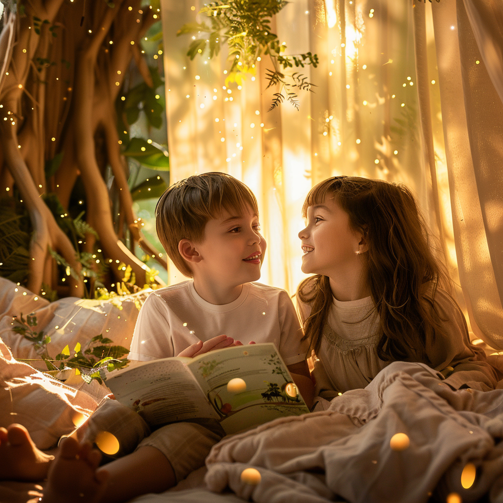 Happy children reading in bedroom