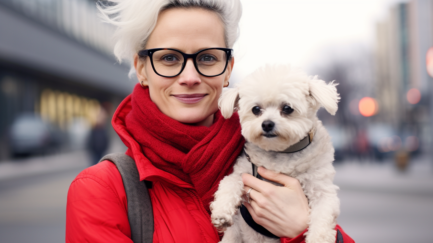 Happy Danish Woman with Miniature Poodle outside