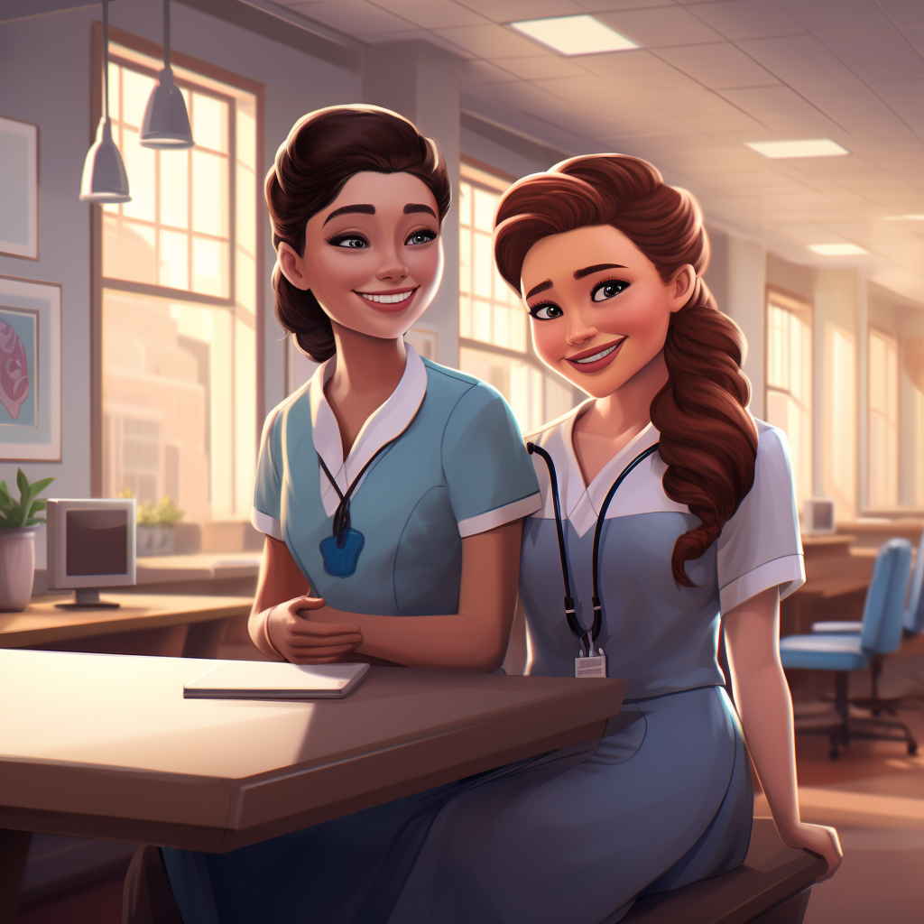 Two joyful nurses in Disney Pixar style