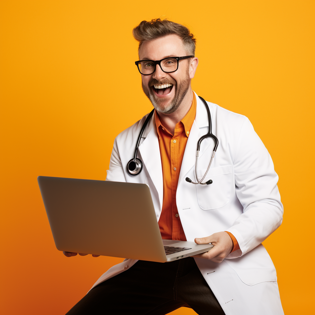 Smiling doctor holding a MacBook