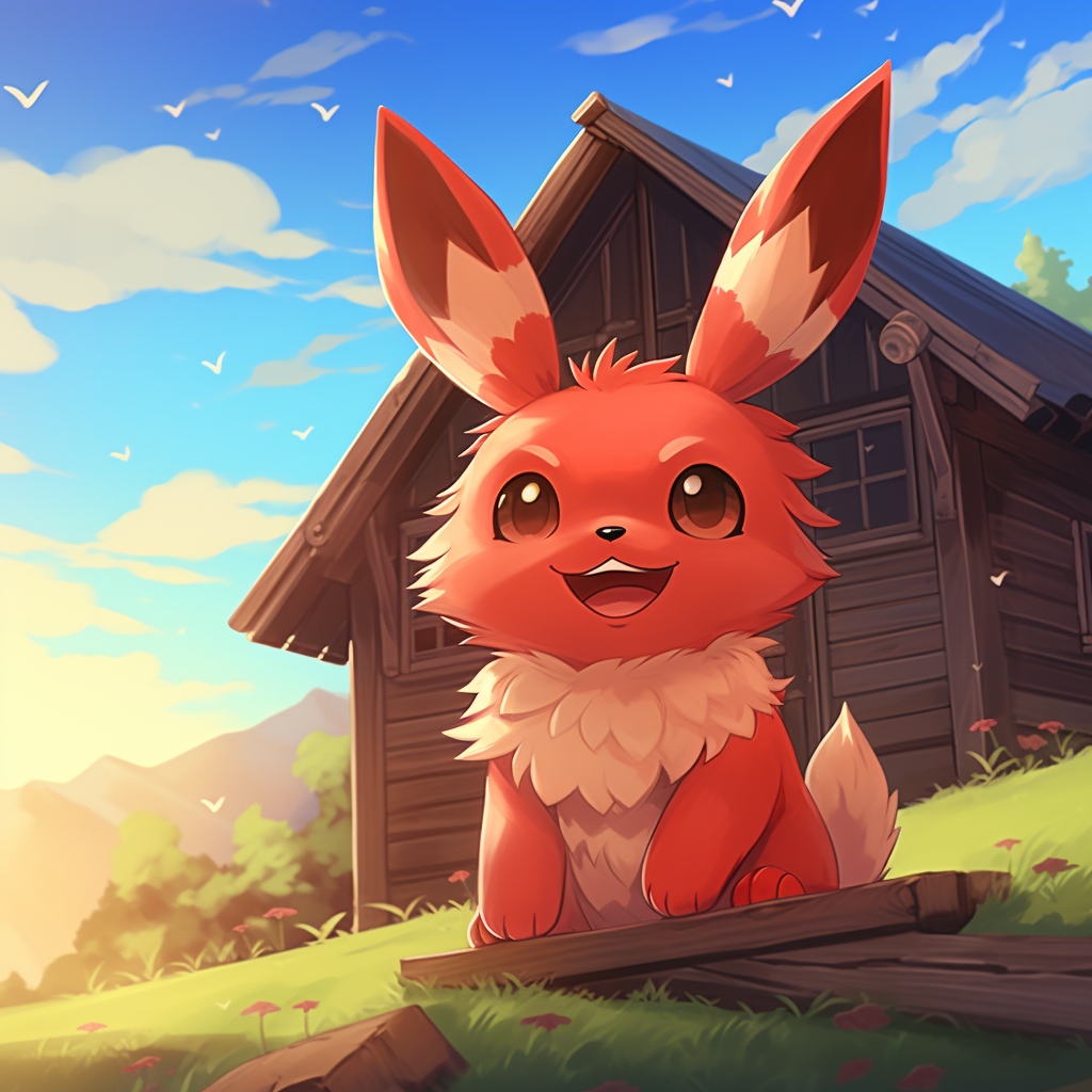 Smiling Eevee in front of a red cabin