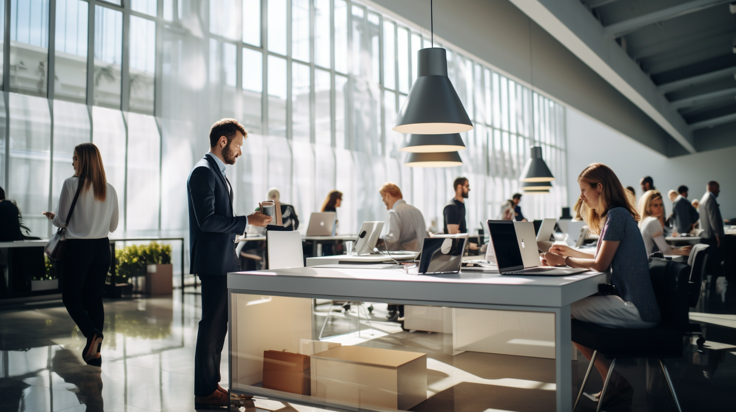 Happy employees collaborating in bright white office