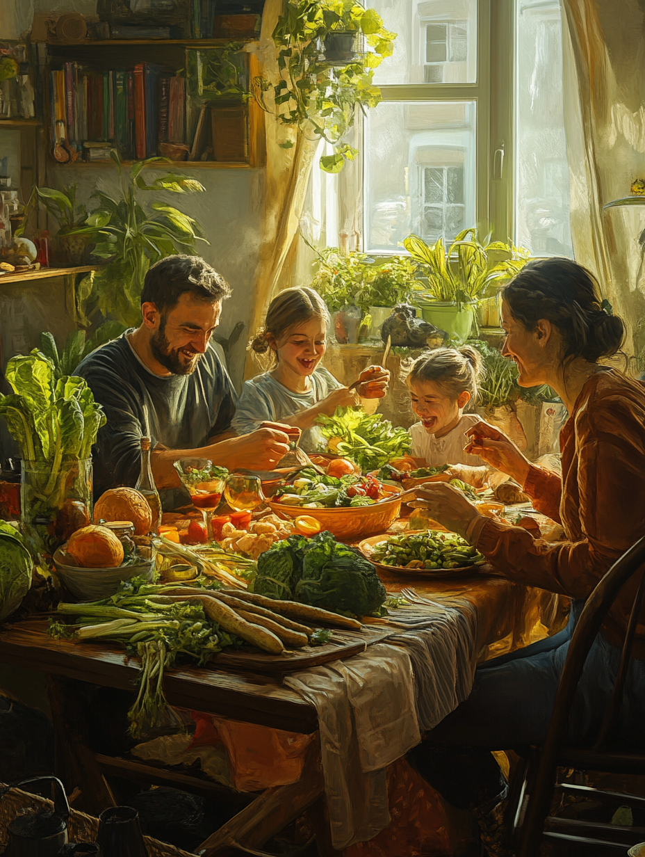 Family enjoying vegetable meal together