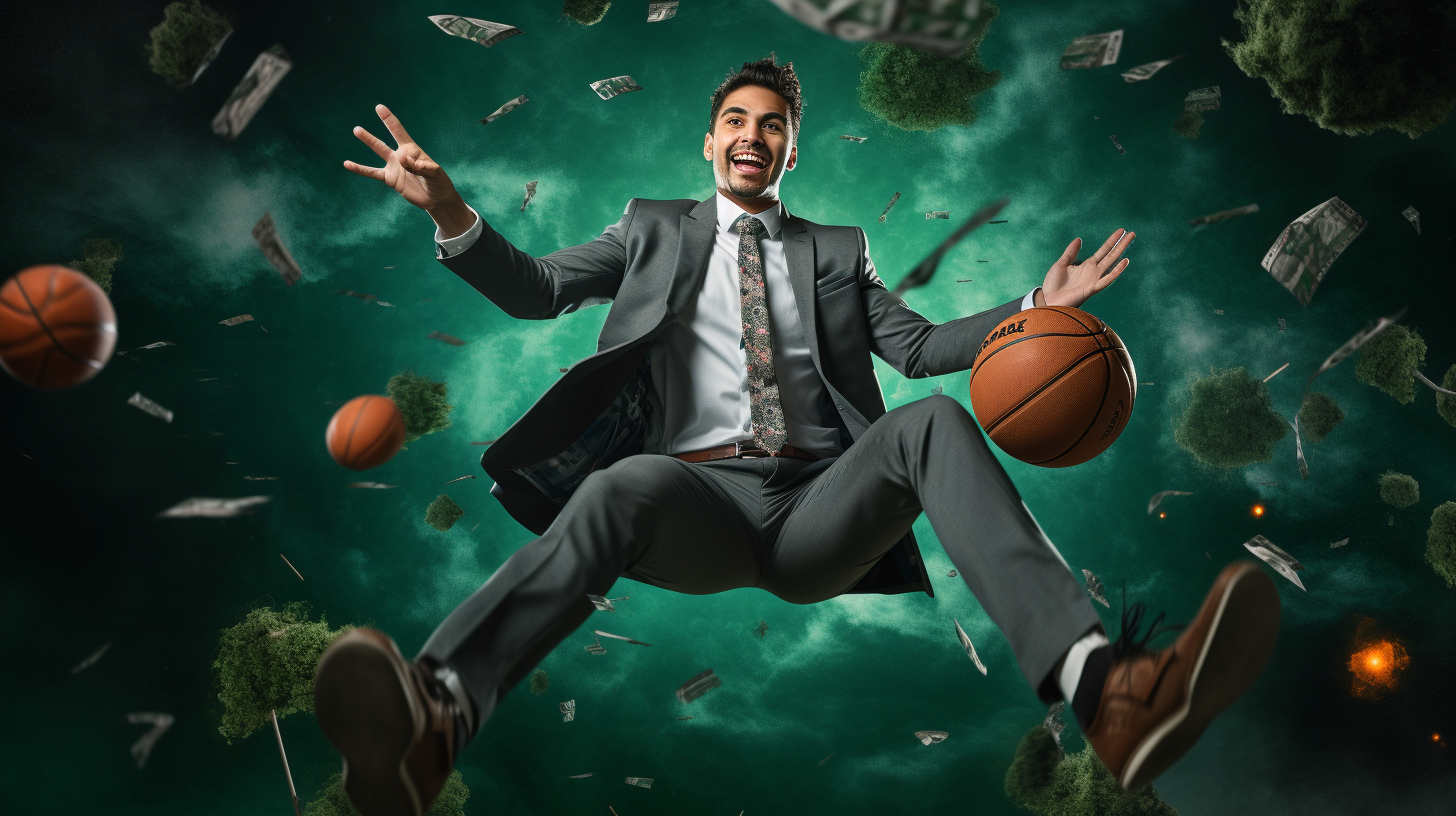 Latin father with paper basketball ball on green background