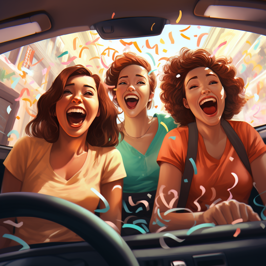 Happy friends singing inside a car.