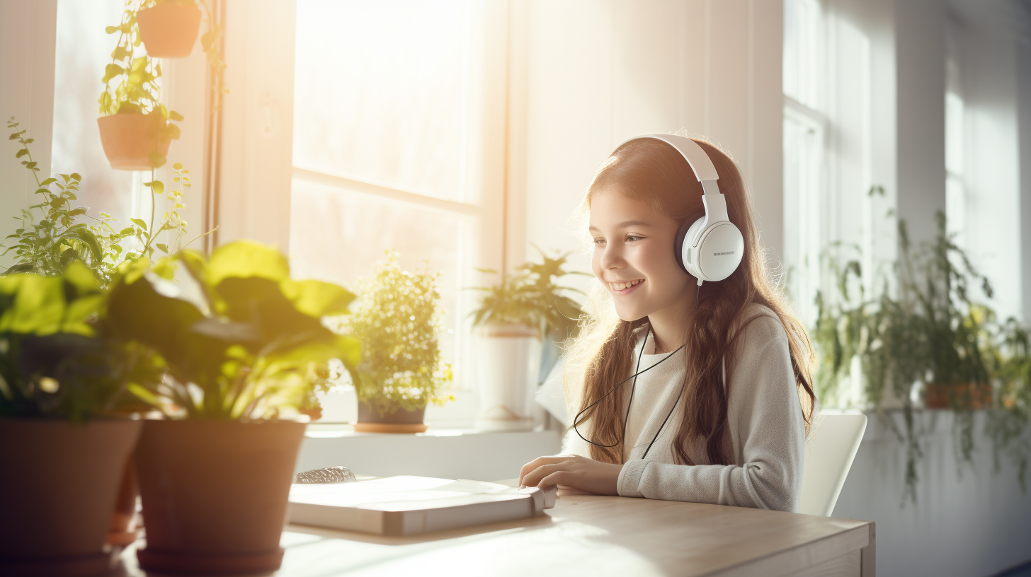 Smiling girl talking to AI virtual teacher