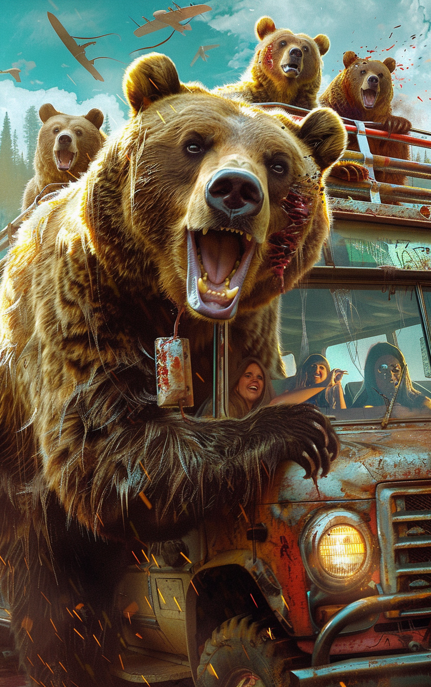 Happy grizzly bear driving party bus