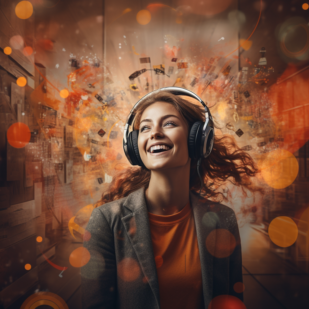 Happy woman with headphones immersed in music