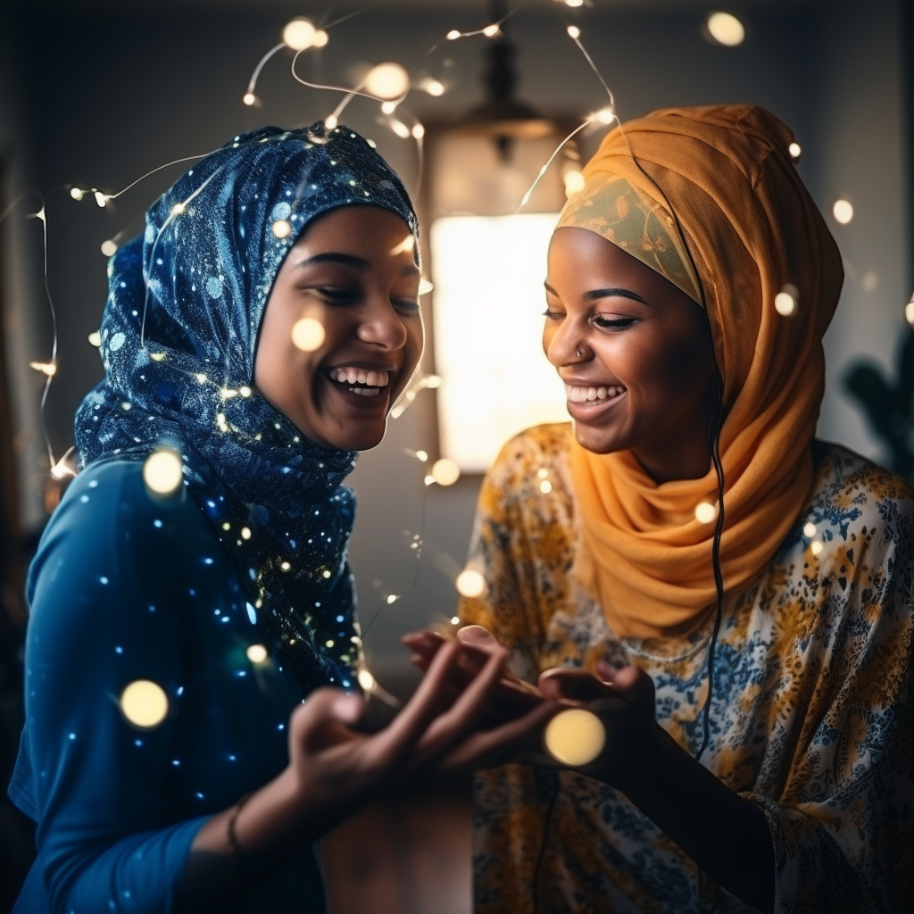 Two happy headscarf girls dancing