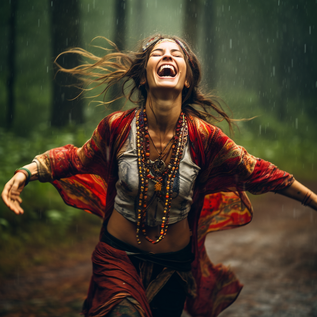 Happy hippie woman dancing in rain