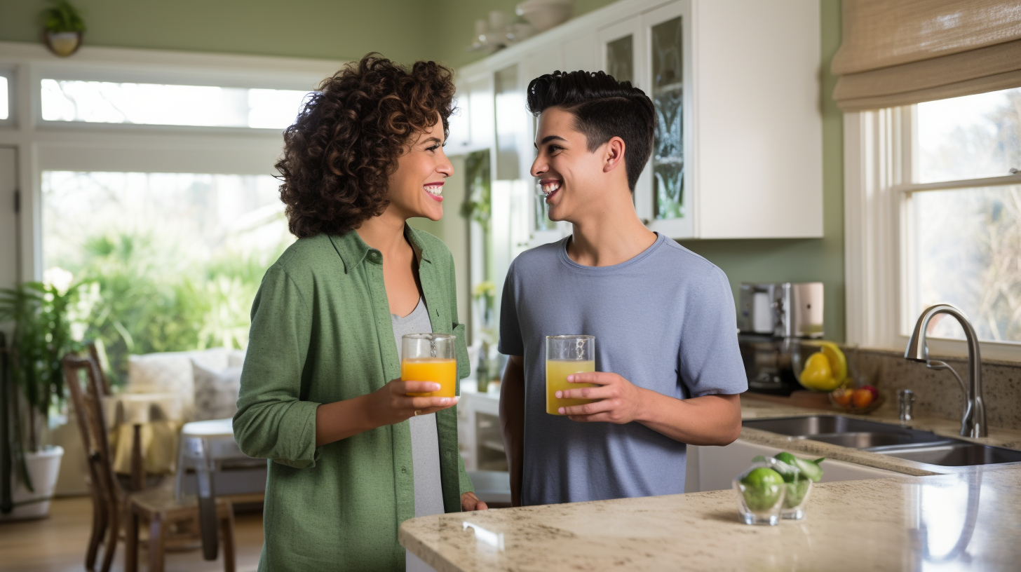 Hispanic mom serving juice to her son