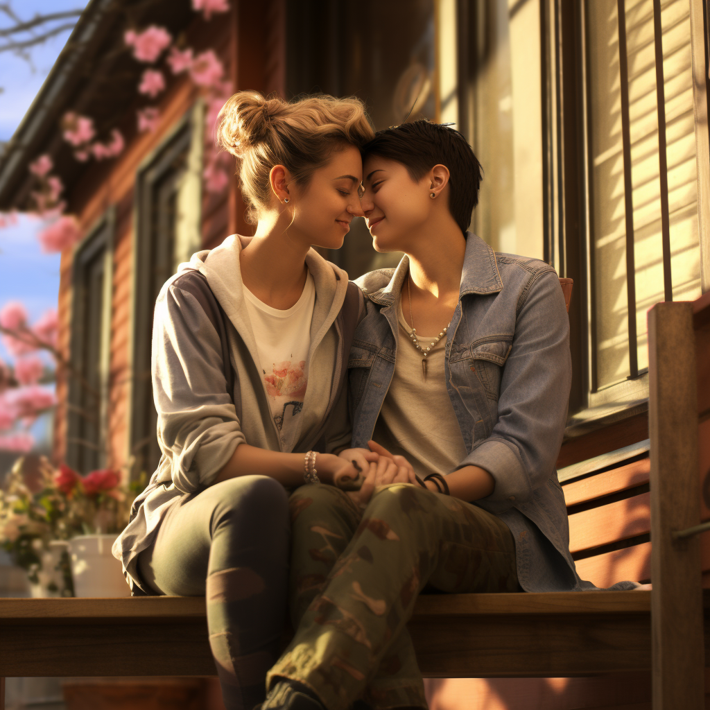 Smiling lesbian couple enjoying time on porch bench