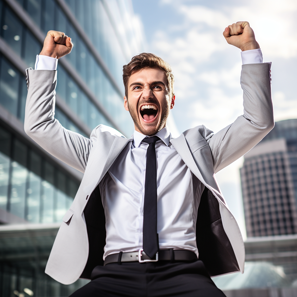 Happy man overcoming business challenge