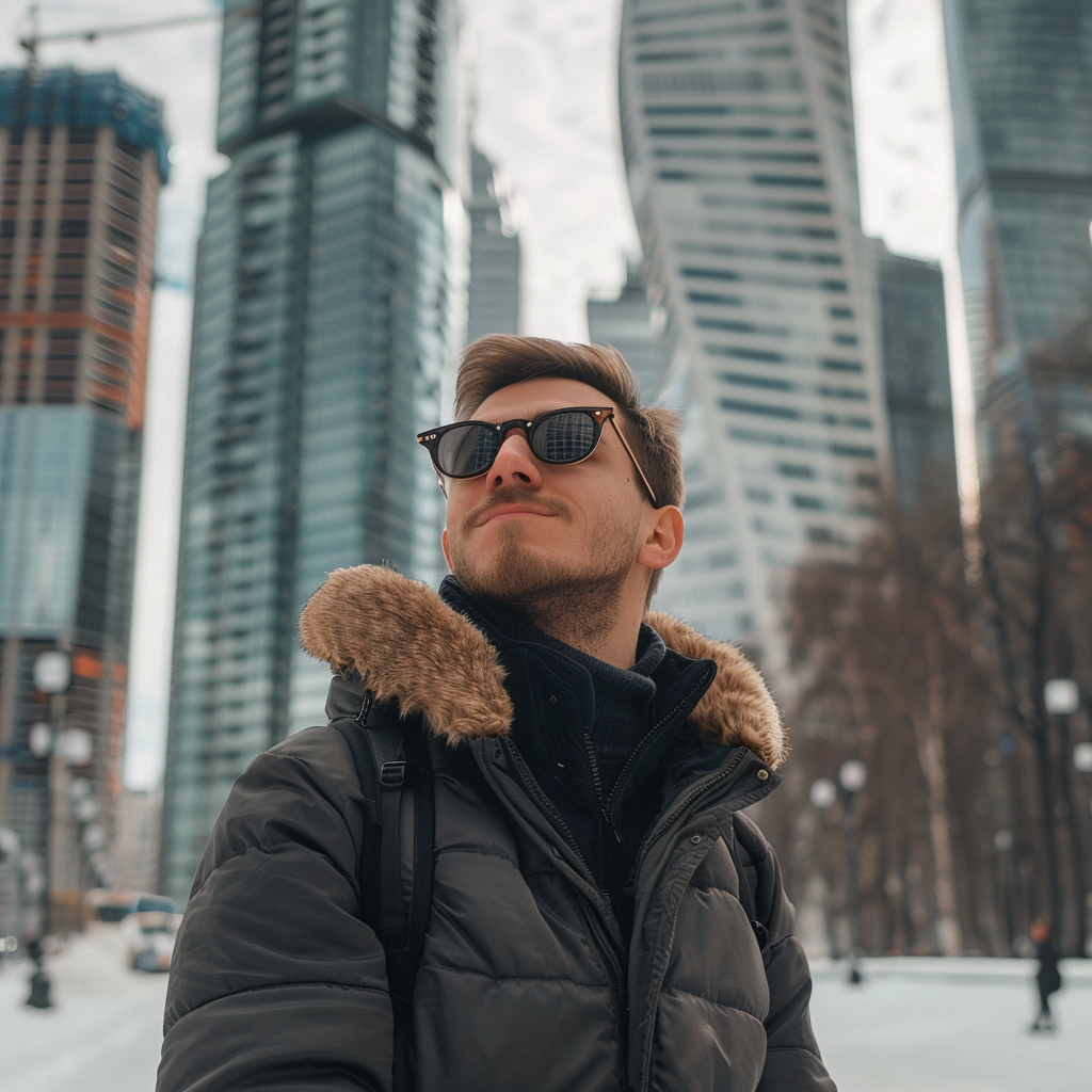 Happy man in snow skyscrapers