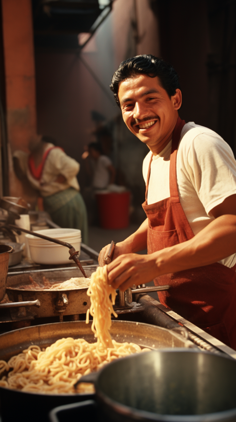 Happy Mexican football cooking pasta at a movie set