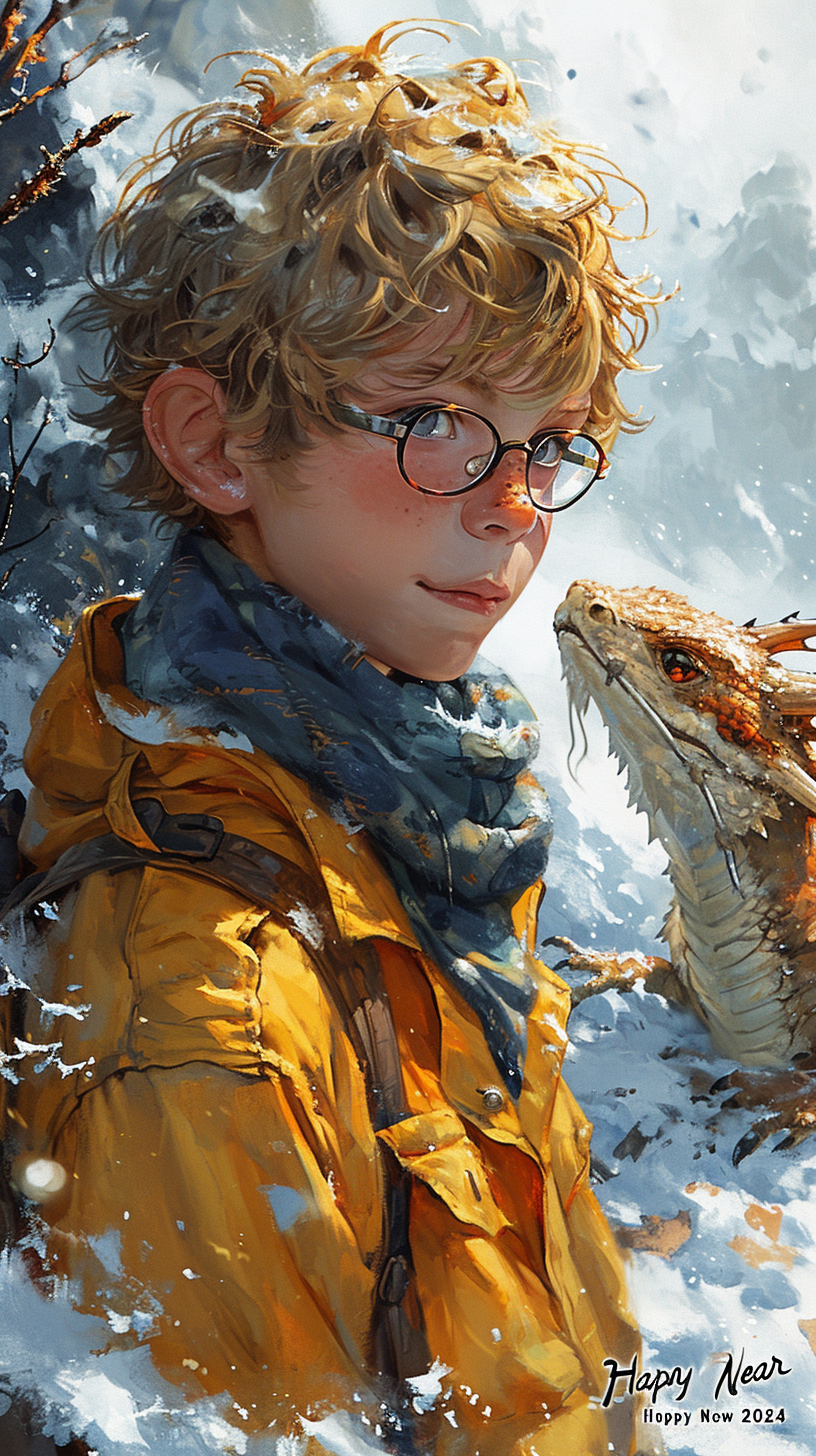 Yellow-haired Anime Boy Enjoying Playful Interaction with a Lovable Dragon