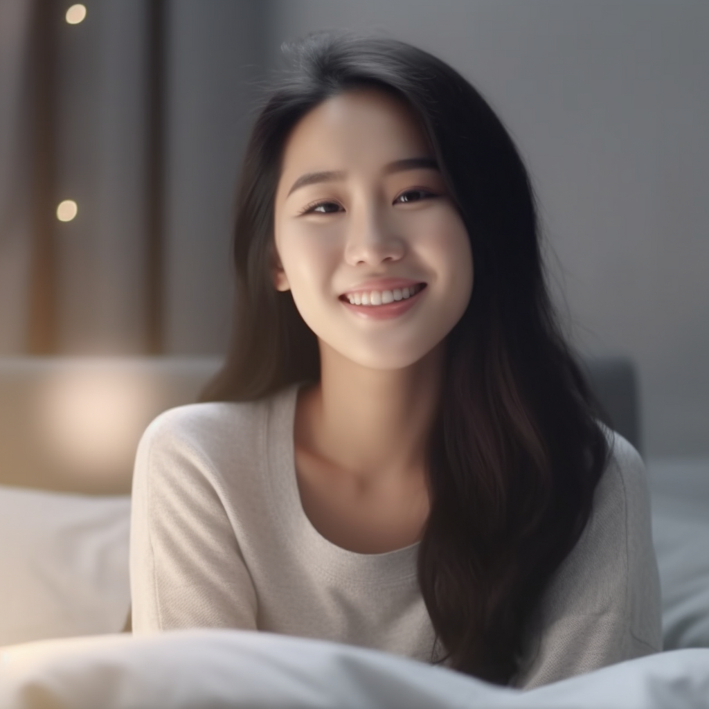 Happy Korean woman receiving notification on bed