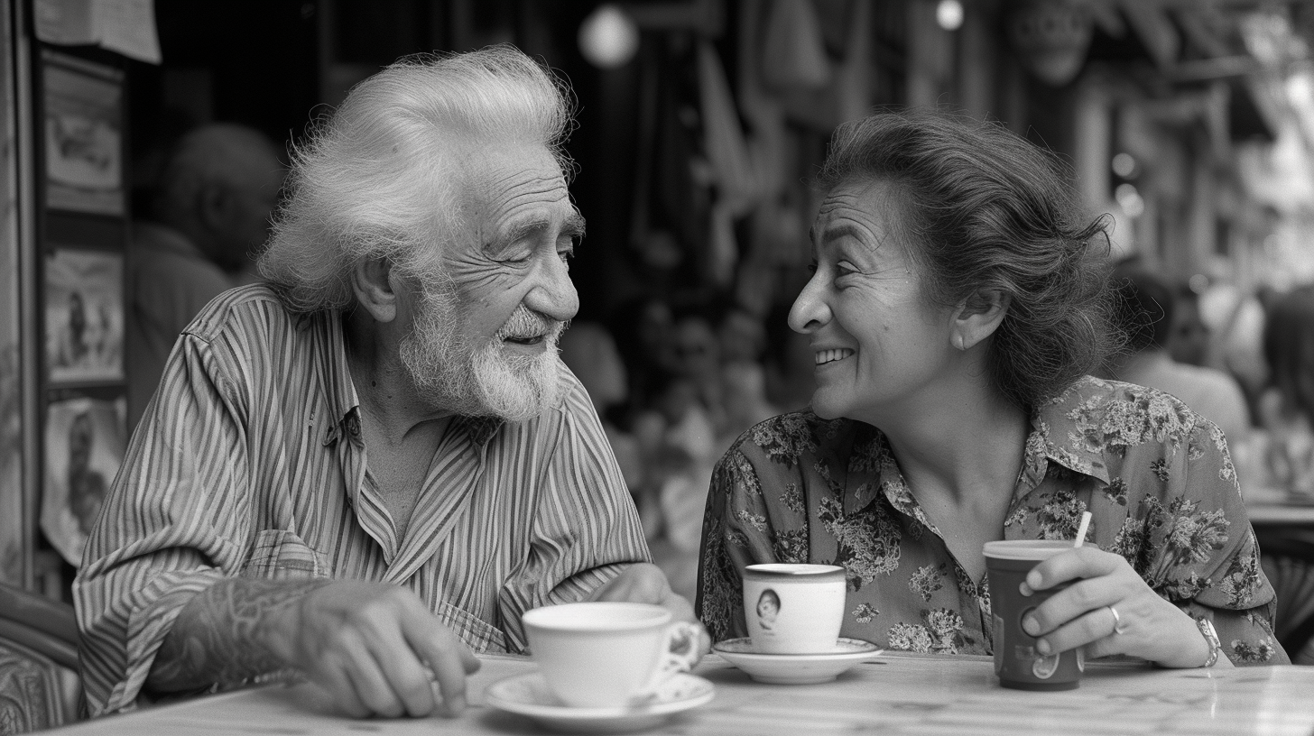 Happy old Napoli street friends talking and drinking coffee