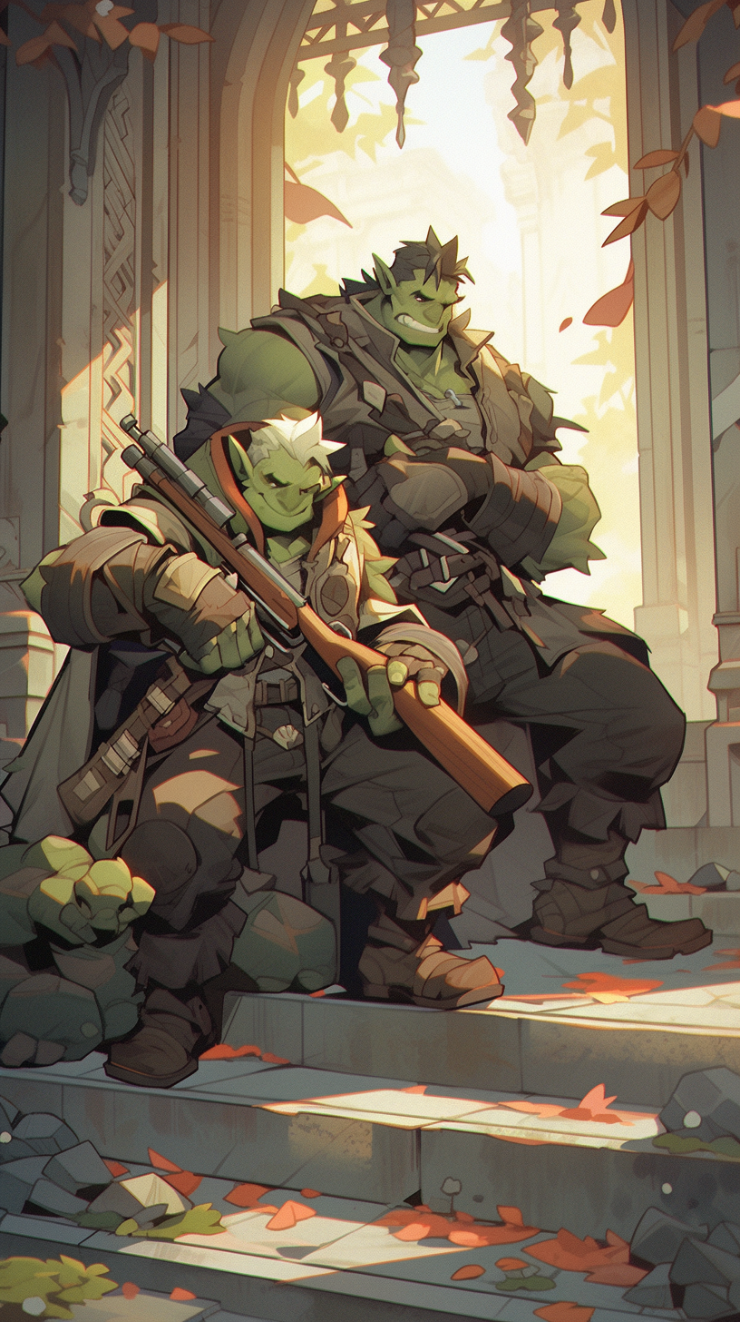 Two happy orcs with firearms