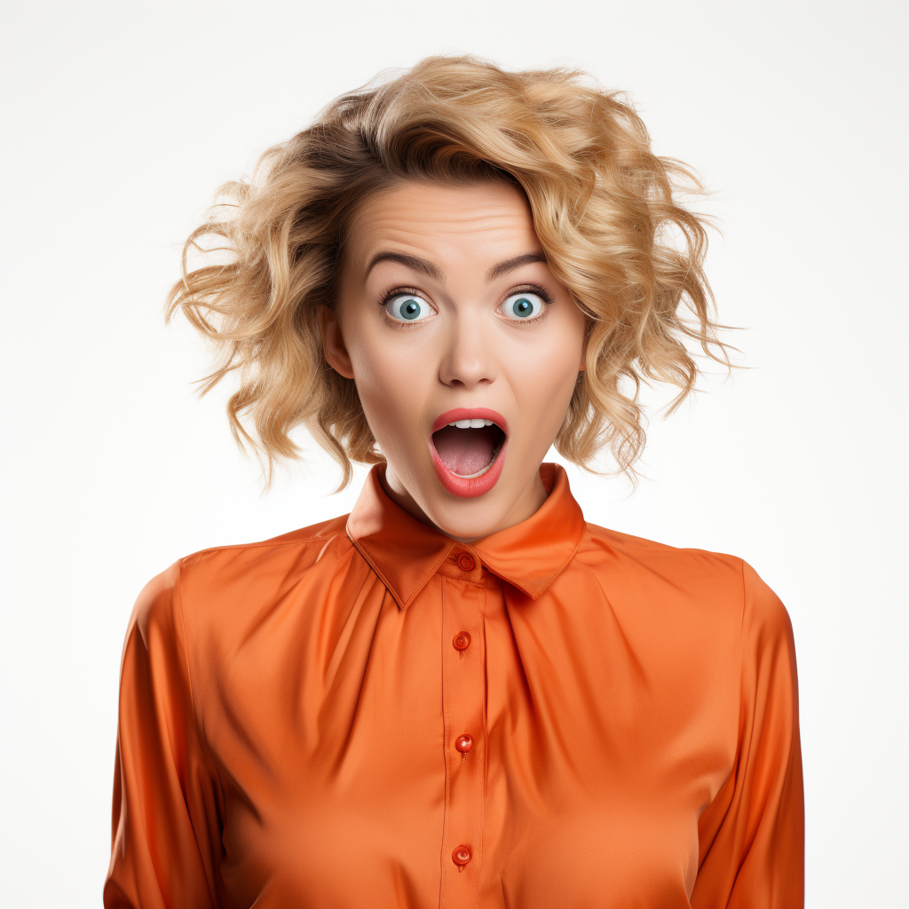 Happy woman in orange blouse with promotion