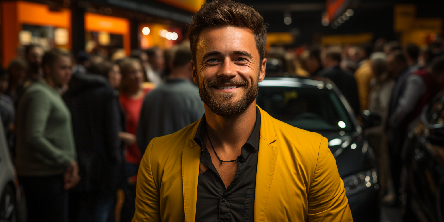 Happy salesman with yellow car at exhibition