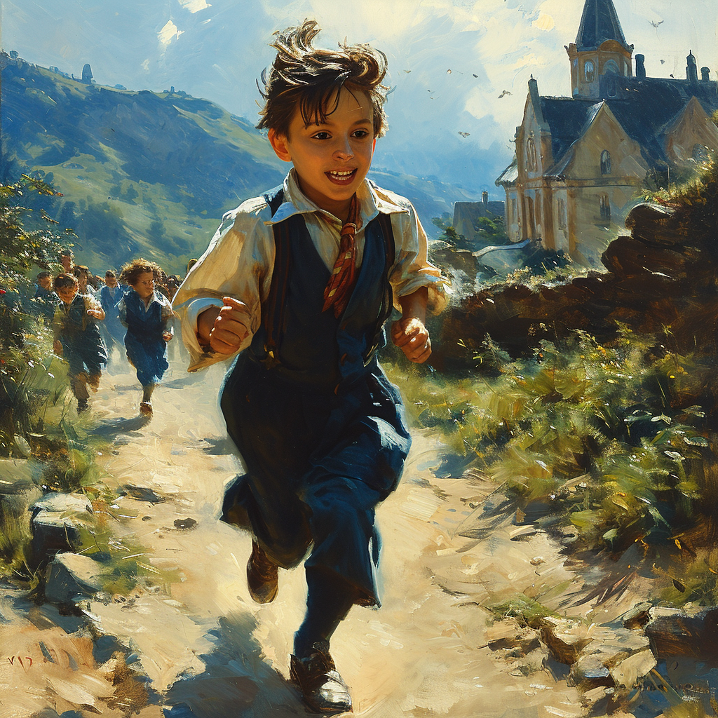 Cheerful schoolboy running in front of school