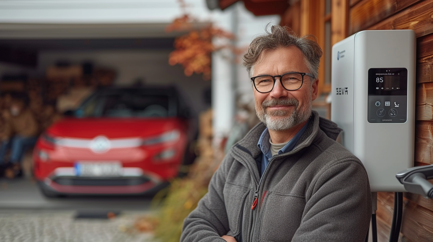 Happy smiling man plugging in cable in front of garage