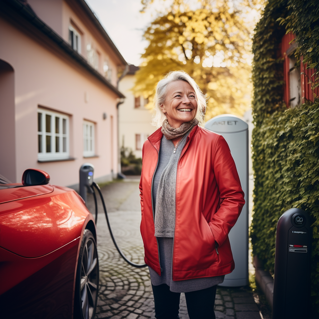 Smiling woman plugging in electric wallbox