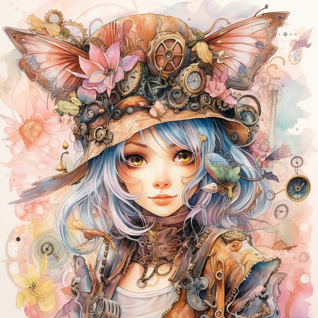 Smiling steampunk fairy in pastel colors