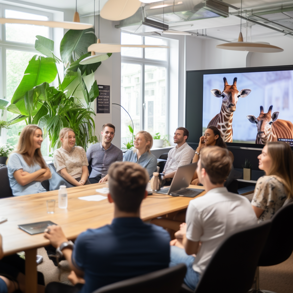 Happy team watching video in bright office