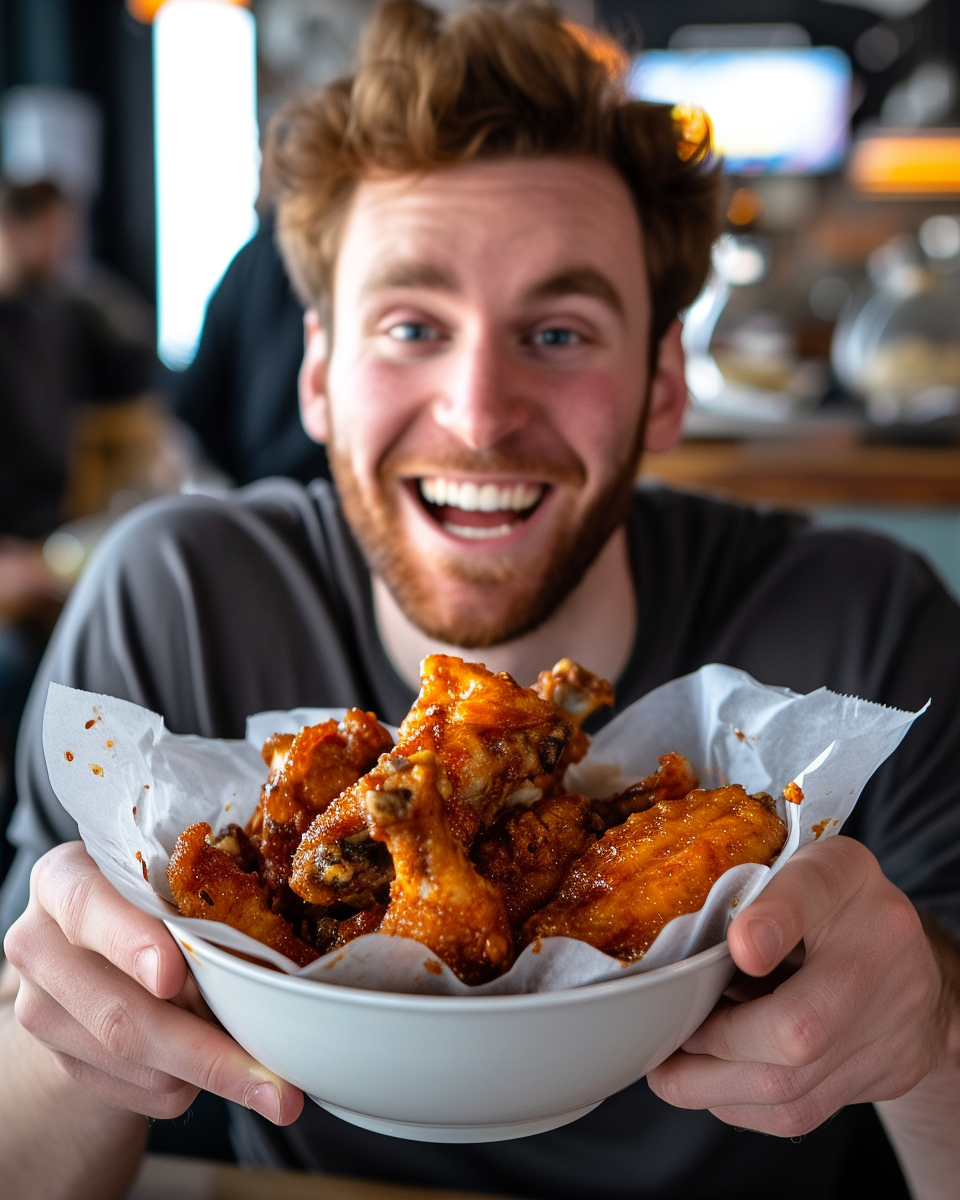 White man eating chicken wings