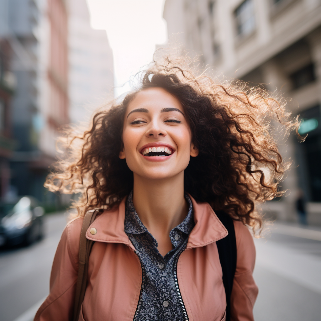 Woman walking in city with excitement