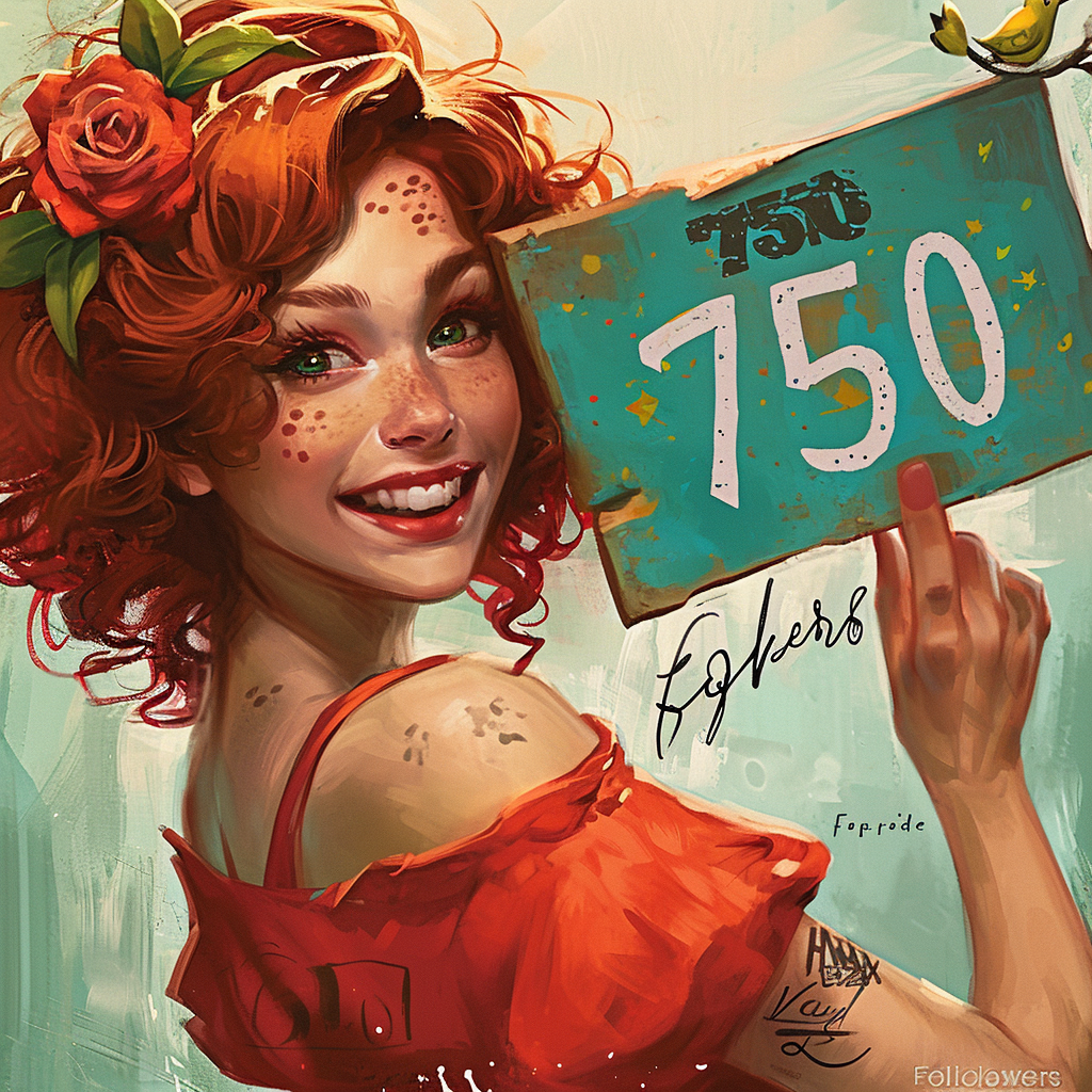 Smiling woman with '750 Followers' sign