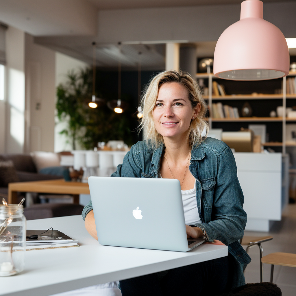 Happy woman in vibrant home office