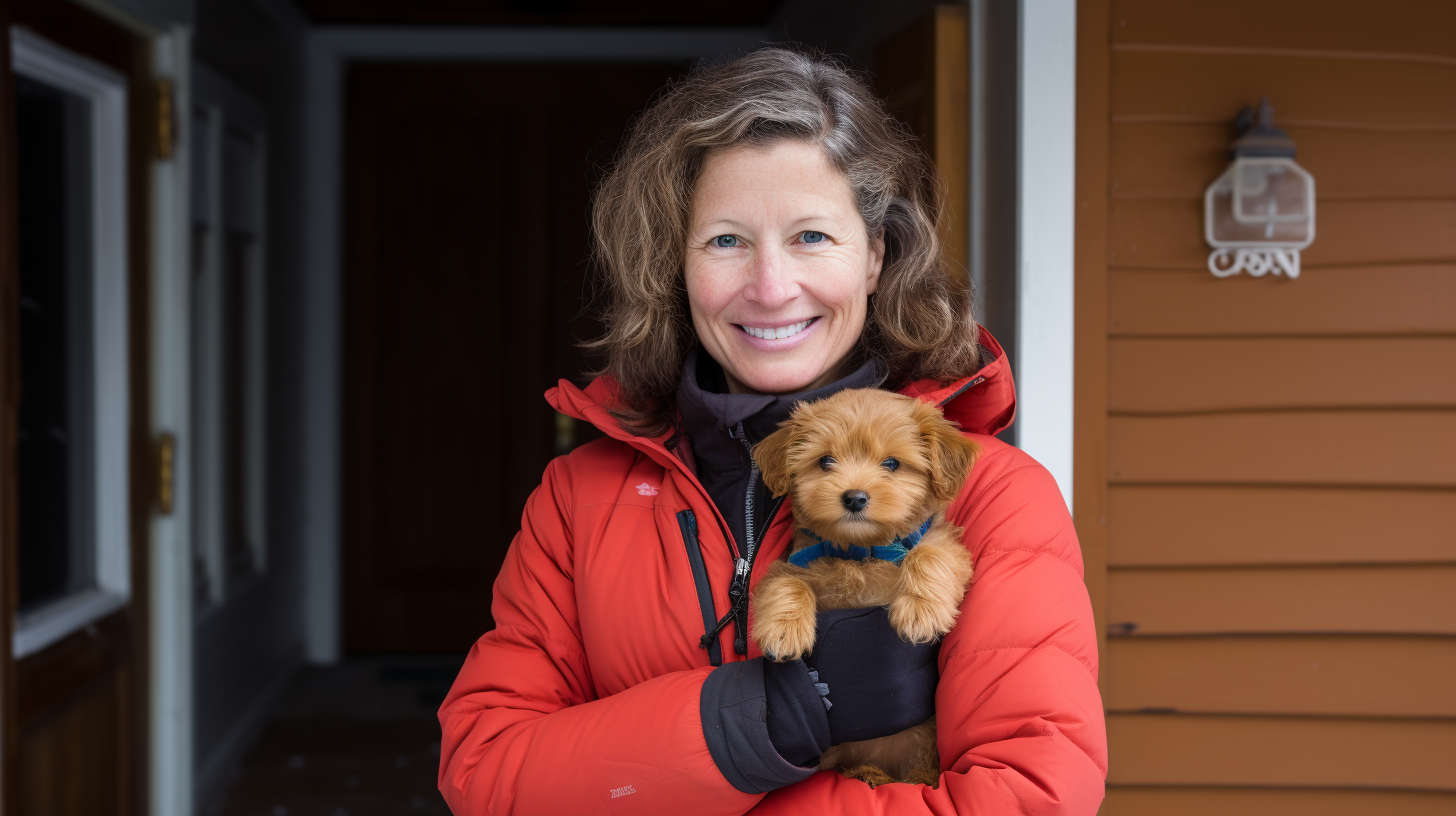 Happy woman with cute poodle puppy outside