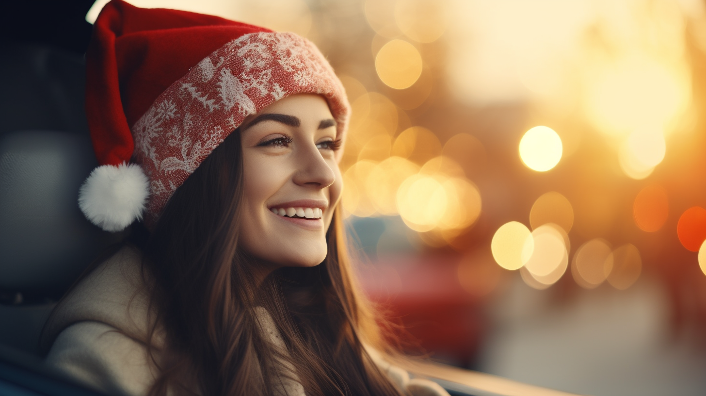 Happy woman driving car in Santa Claus hat