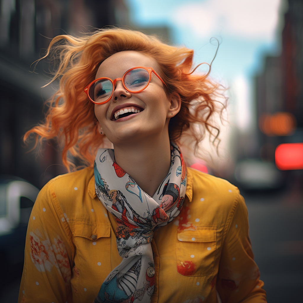 Smiling woman in street wearing pop art outfit