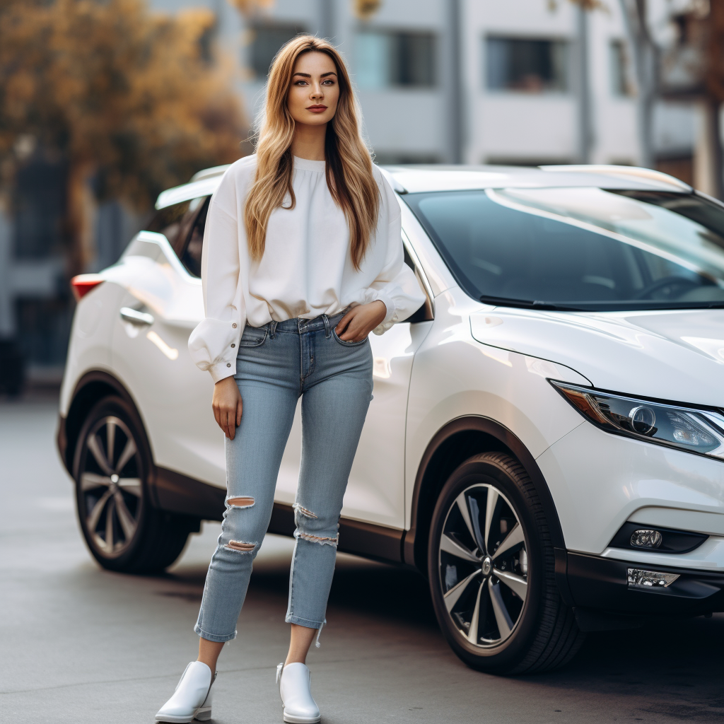 Smiling woman next to white Nissan Qashqai