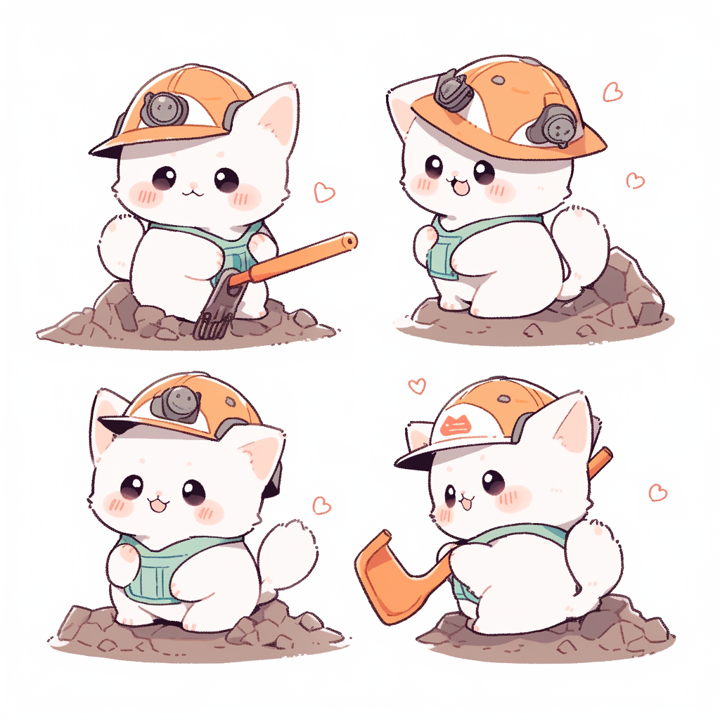 Cute kitten with hard hat and shovel