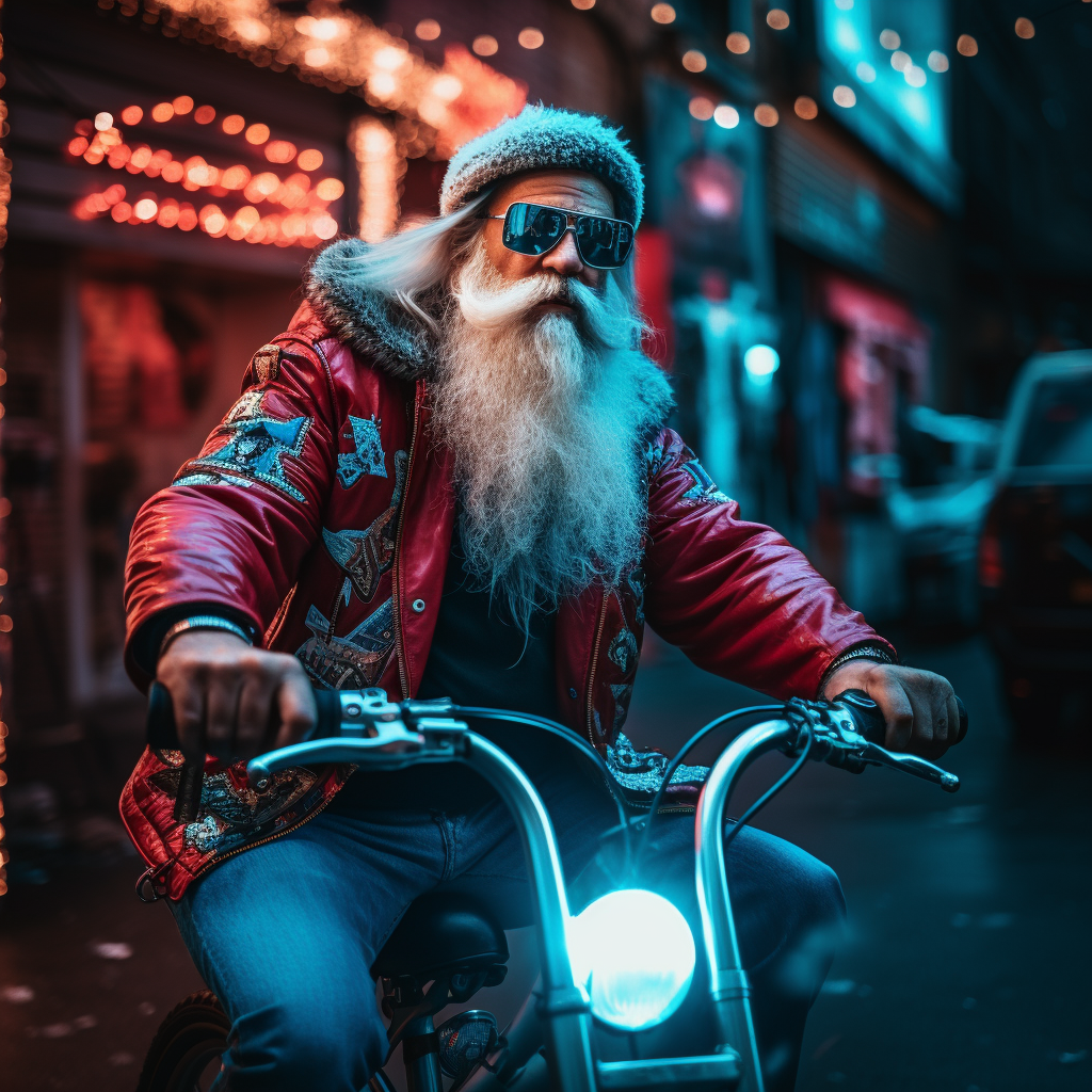 Hardrock Santa Claus Riding Bicycle in Neon Blue