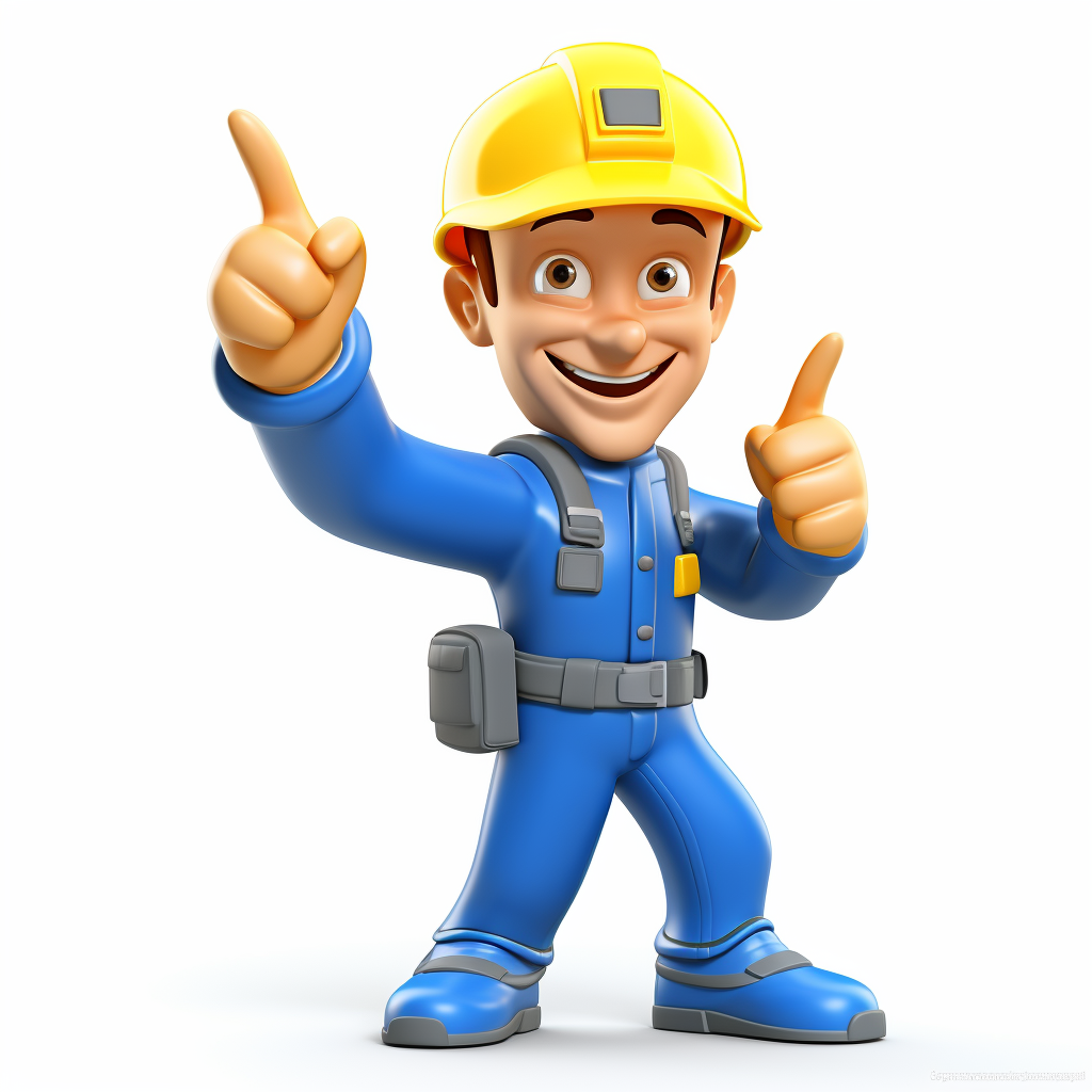 Smiling hardware store worker in blue overalls and yellow helmet