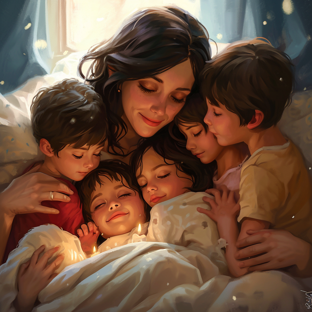 Tired mom with 5 children cuddling up