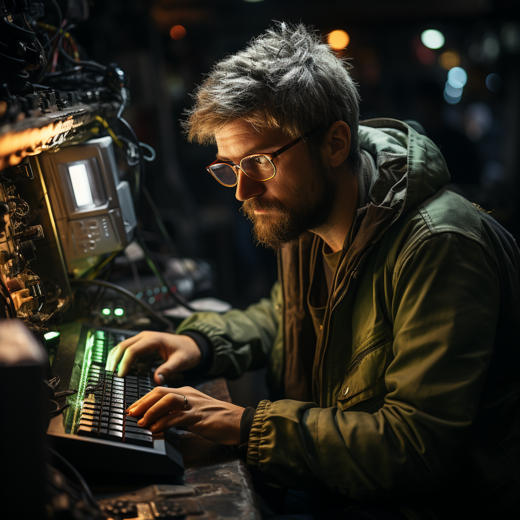 Hardworking man typing in dark industrial mine