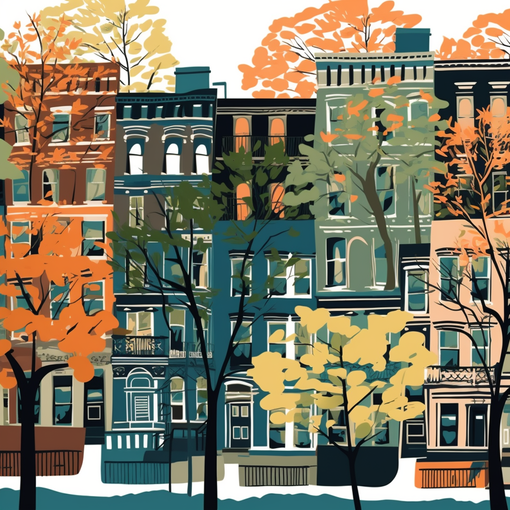 Harlem brownstone NYC trees camouflage repeat pattern