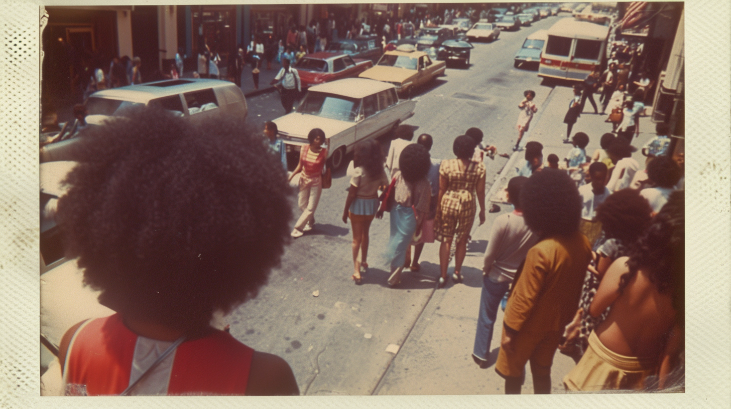 Vintage Harlem street scene with people on the sidewalk