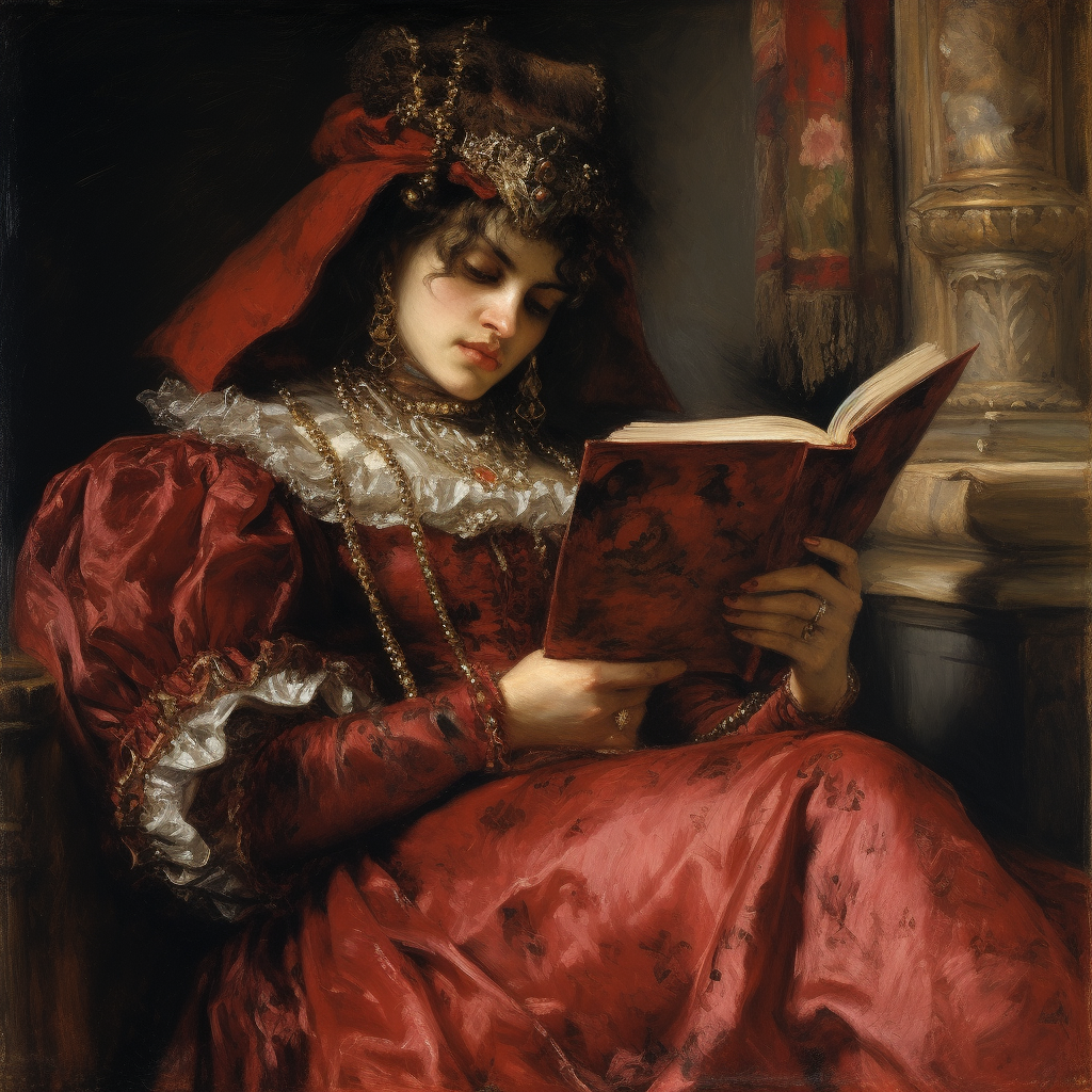 Harlequin woman reading a book