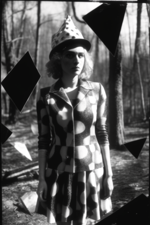 Black and white harlequin fashion photo in the woods