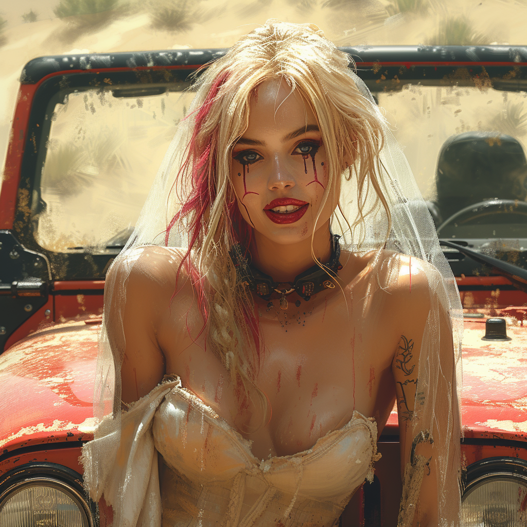 Harley Quinn in Bride Veil Driving Jeep