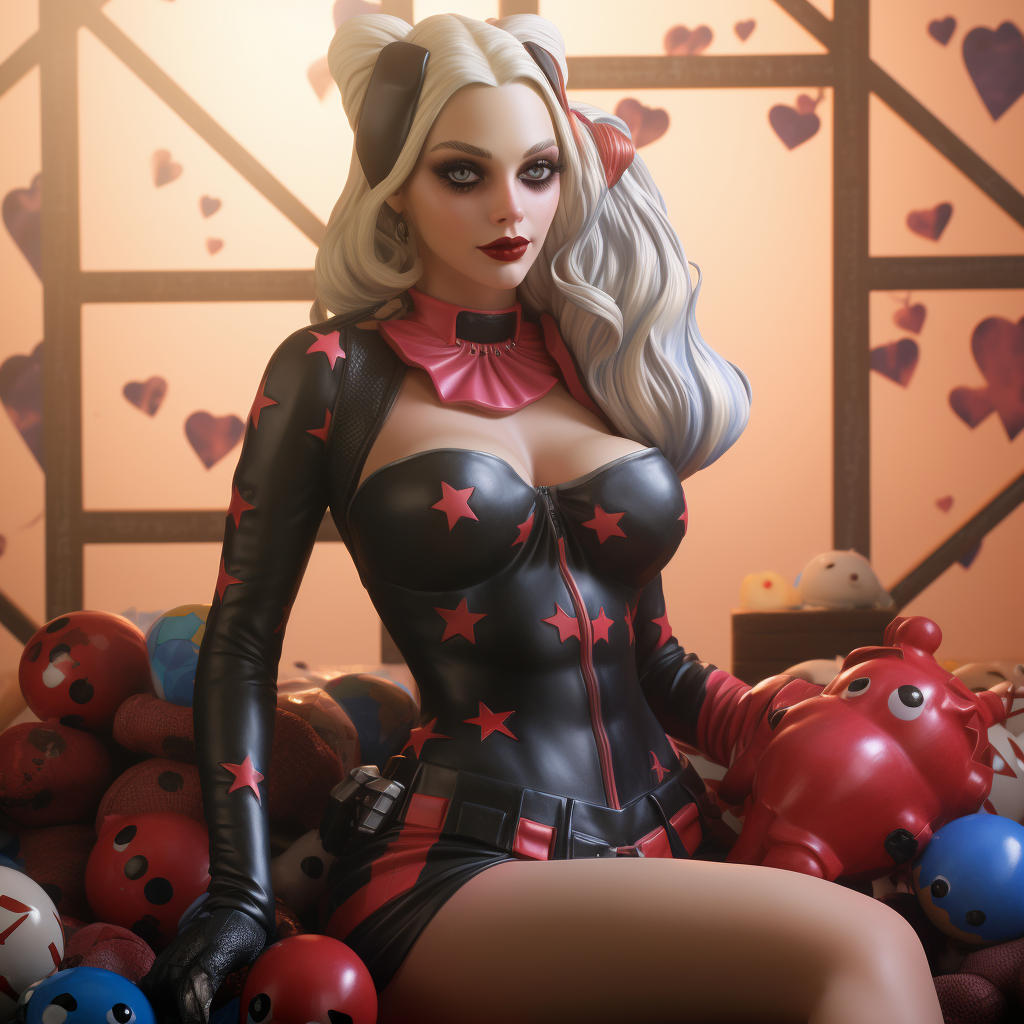 Harley Quinn holding Batman stuffed toy